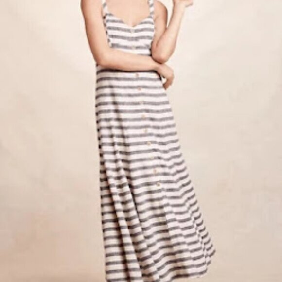 MAEVE ANTHROPOLOGIE | Linen Blend Striped Button Maxi Or Midi Dress Nautical 12P - Picture 1 of 16